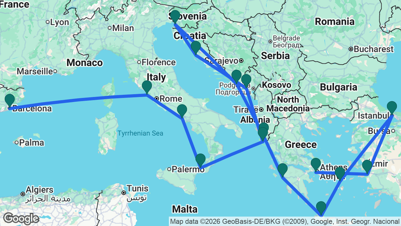 Route map: Athens -> Ephesus -> Istanbul -> Mykonos -> Chania -> Katakolon -> Sarandë -> Dubrovnik -> Trieste -> Zadar -> Kotor -> Corfu -> Messina -> Naples -> Rome -> Barcelona