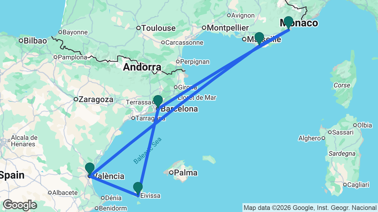 Route map: Barcelona -> Cannes -> Toulon -> Valencia -> Ibiza -> Barcelona