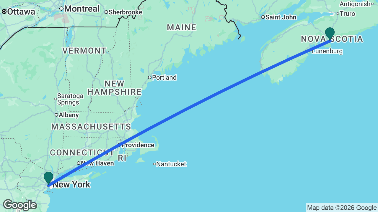 Route map: New York -> Halifax -> New York