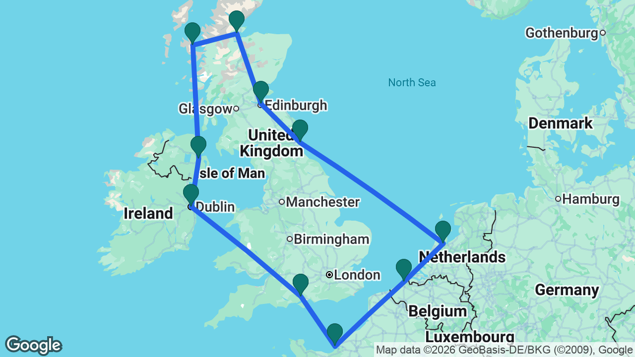 Route map: Southampton -> Dublin -> Belfast -> Isle of Skye -> Invergordon -> Edinburgh -> Newcastle -> Amsterdam -> Bruges -> Paris -> Southampton