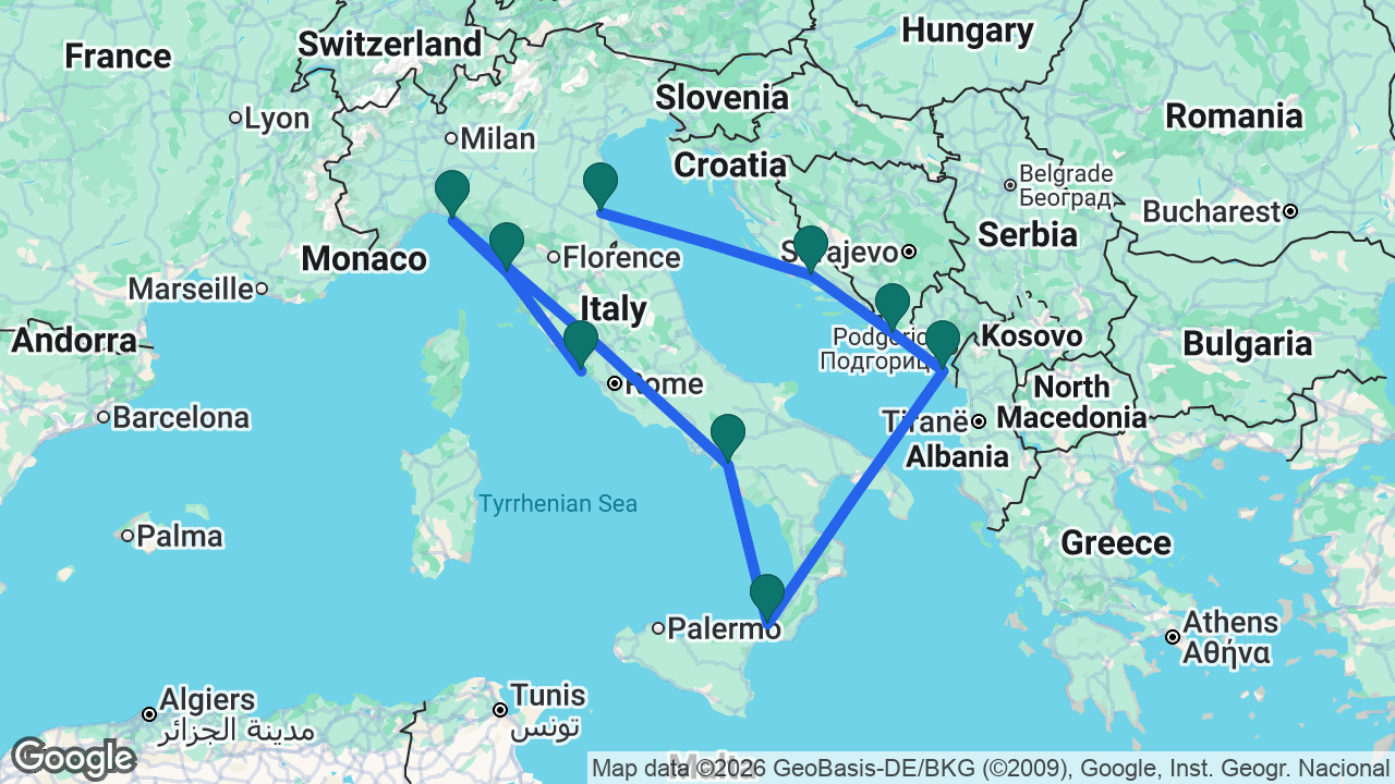 Route map: Ravenna -> Split -> Dubrovnik -> Bar -> Messina -> Amalfi Coast -> Portofino -> Florence -> Rome
