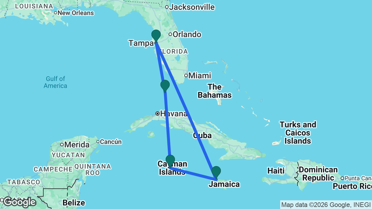 Route map: Tampa -> Key West -> Grand Cayman -> Montego Bay -> Tampa