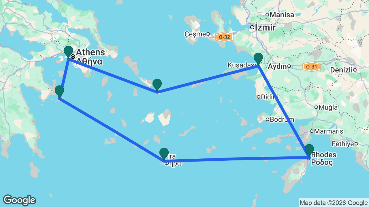 Route map: Athens -> Mykonos -> Ephesus -> Rhodes -> Santorini -> Hydra -> Athens