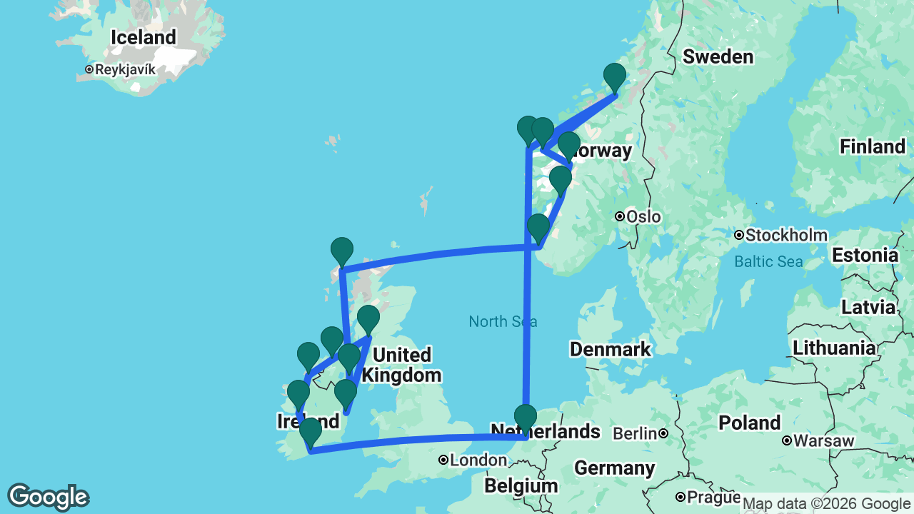 Route map: Amsterdam -> Måløy -> Trondheim -> Nordfjordeid -> Skjolden -> Eidfjord -> Stavanger -> Stornoway -> Belfast -> Dún Laoghaire -> Glasgow -> Greencastle -> Killybegs -> Galway -> Cobh -> Amsterdam