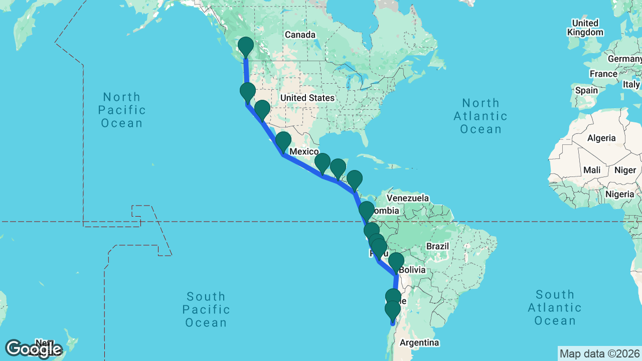 Route map: Vancouver -> San Francisco -> San Diego -> Cabo -> Huatulco -> Puerto Quetzal -> Puntarenas -> Manta -> Salaverry -> Lima -> General San Martín -> Arica -> Coquimbo -> San Antonio