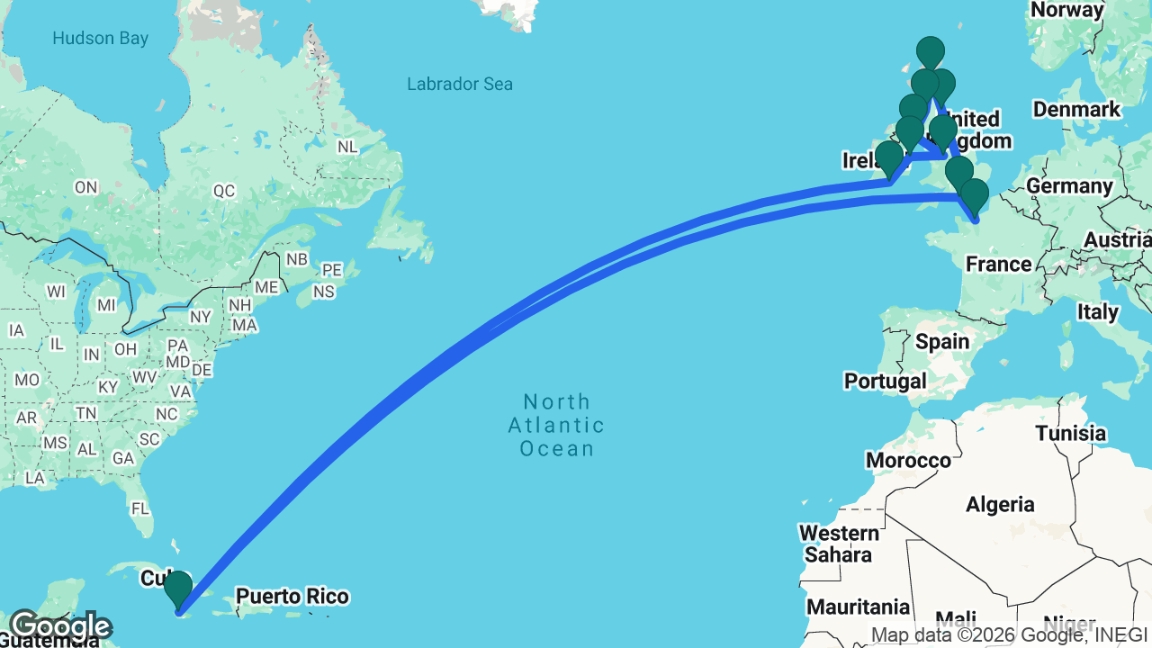 Route map: Southampton -> Falmouth -> Cork -> Dublin -> Liverpool -> Belfast -> Glasgow -> Invergordon -> Edinburgh -> Paris -> Southampton