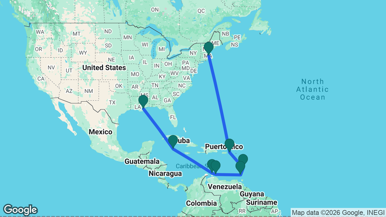 Route map: Boston -> St. Thomas -> St. Lucia -> Grenada -> Curaçao -> Aruba -> Grand Cayman -> New Orleans