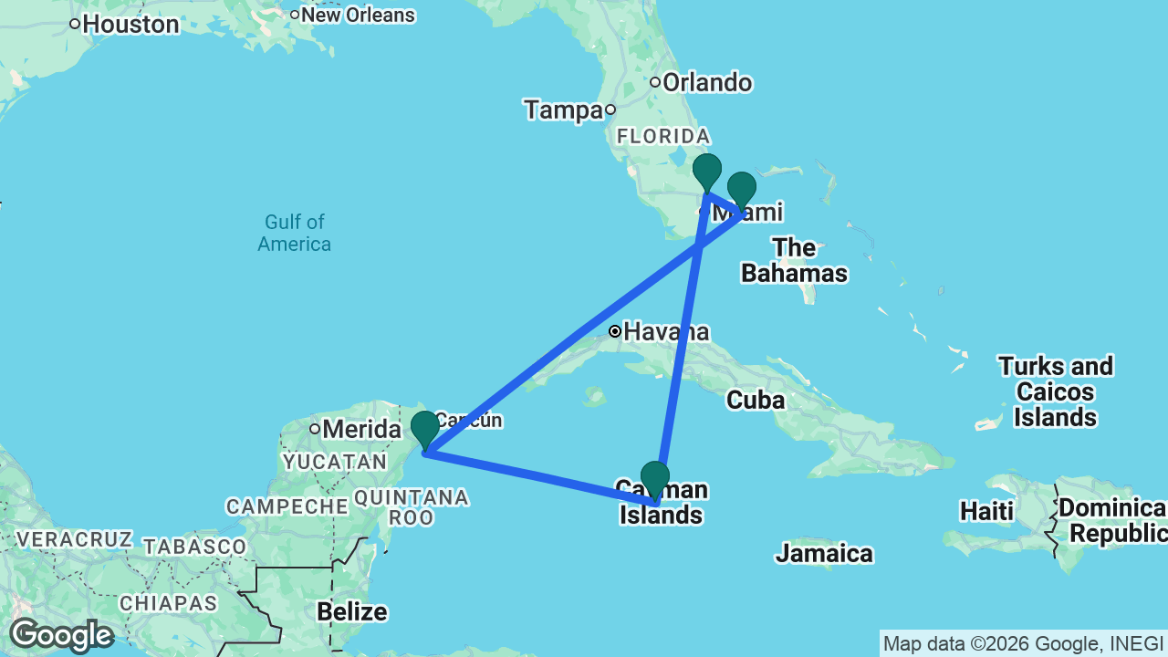 Route map: Fort Lauderdale -> Bimini -> Cozumel -> Grand Cayman -> Fort Lauderdale