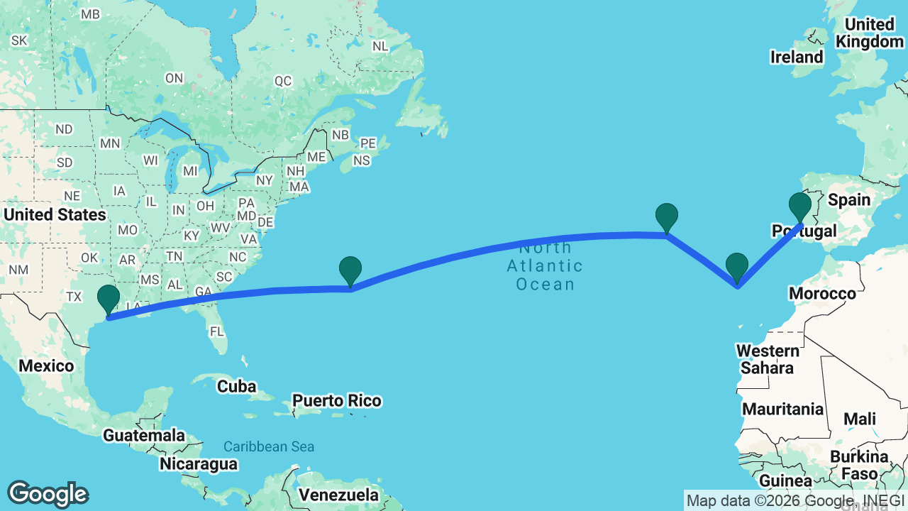 Route map: Galveston -> Bermuda -> Azores -> Madeira -> Lisbon