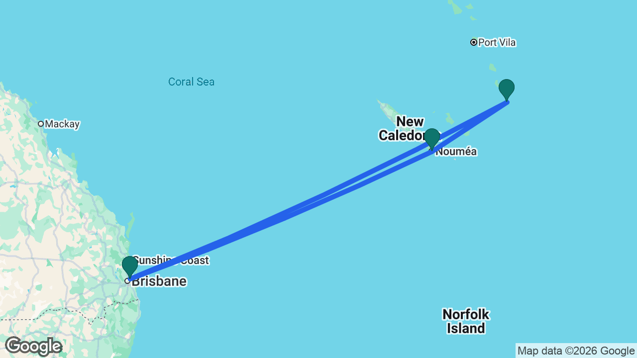 Route map: Brisbane -> Mystery Island -> Nouméa -> Brisbane