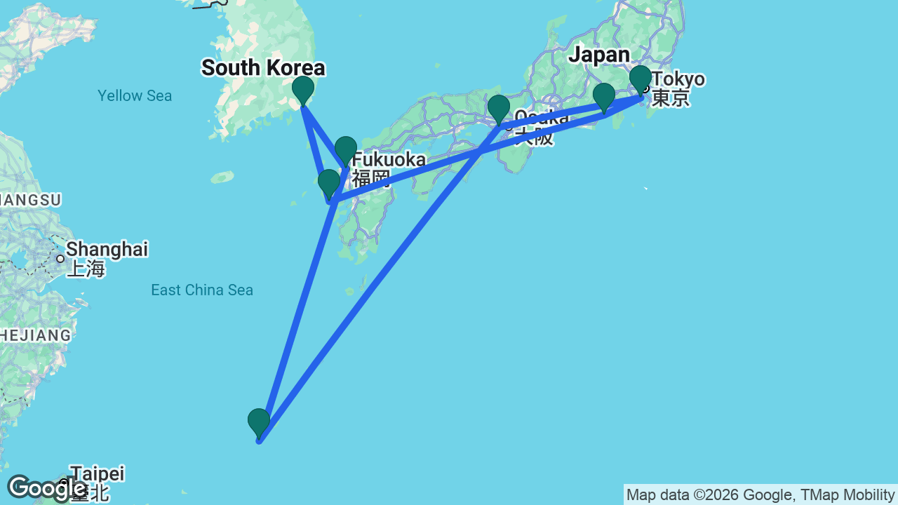 Route map: Tokyo -> Mount Fuji -> Nagasaki -> Busan -> Fukuoka -> Naha -> Kobe -> Tokyo