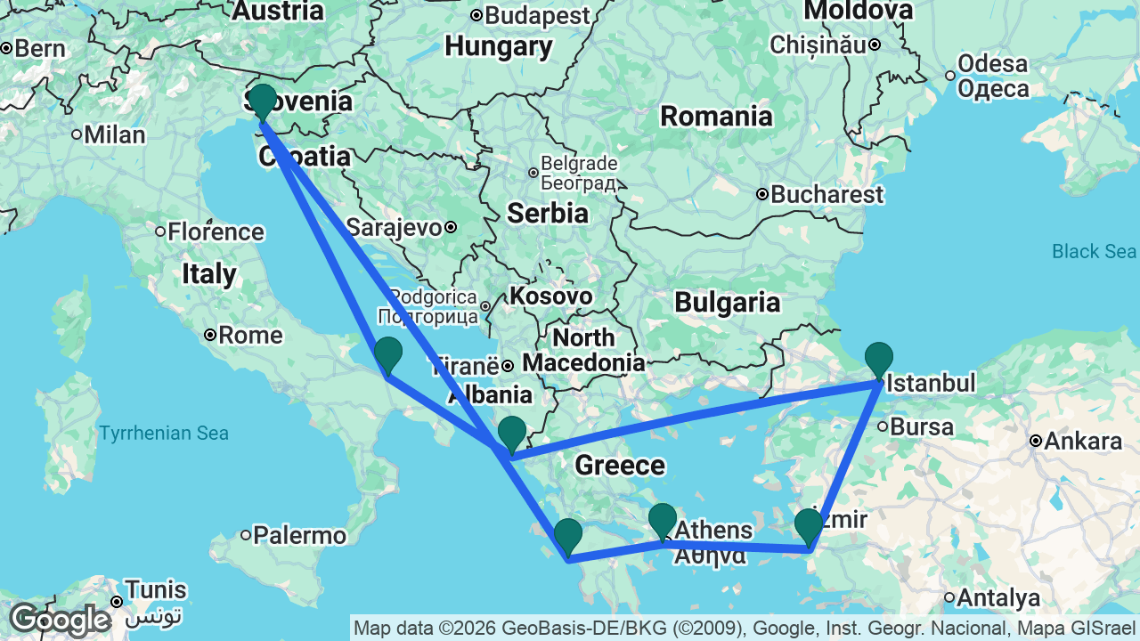 Route map: Bari -> Trieste -> Katakolon -> Athens -> Ephesus -> Istanbul -> Corfu -> Bari