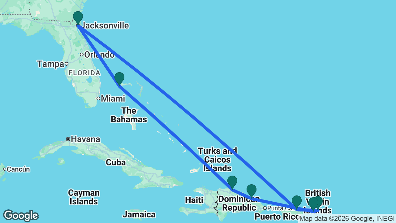 Route map: Jacksonville -> Freeport -> Puerto Plata -> Samaná -> St. Thomas -> Tortola -> San Juan -> Jacksonville