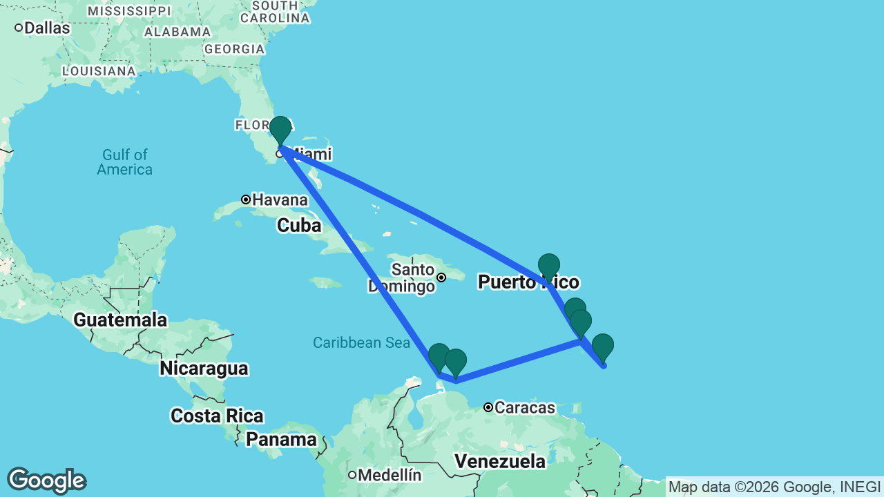 Route map: Fort Lauderdale -> Aruba -> Curaçao -> Martinique -> Barbados -> Dominica -> St. Maarten -> Fort Lauderdale