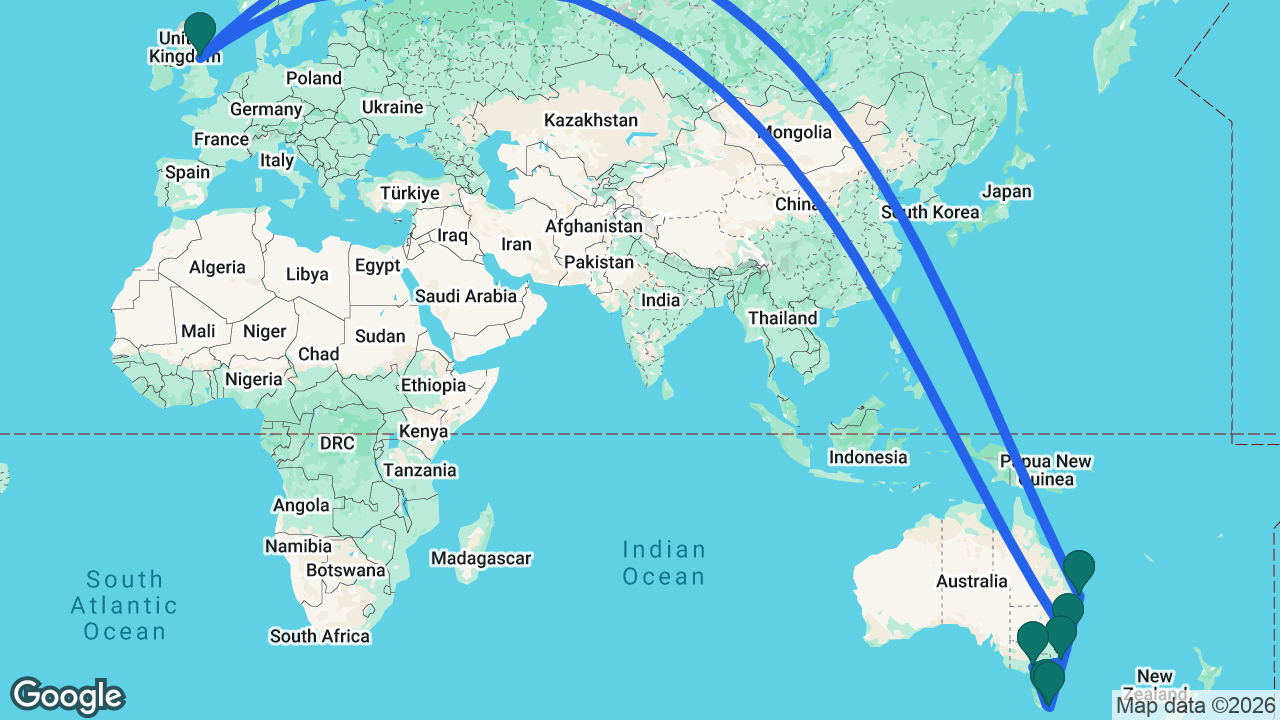Route map: Brisbane -> Newcastle -> Sydney -> Eden -> Melbourne -> Hobart -> Port Arthur -> Brisbane