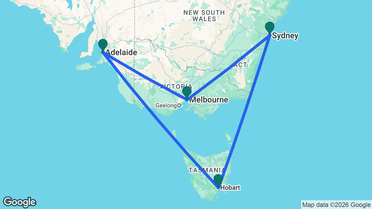 Route map: Sydney -> Hobart -> Adelaide -> Melbourne -> Sydney