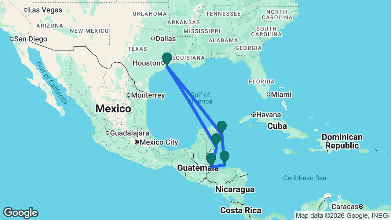 Route map: Galveston -> Cozumel -> Roatán -> Harvest Caye -> Costa Maya -> Galveston