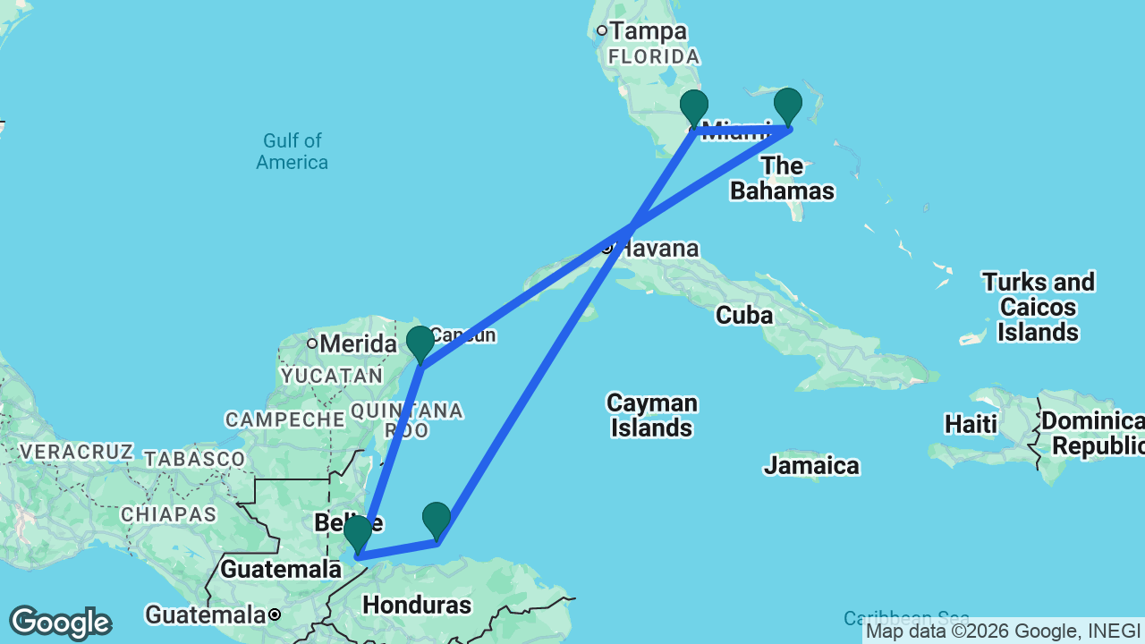 Route map: Miami -> Roatán -> Harvest Caye -> Cozumel -> Great Stirrup Cay -> Miami