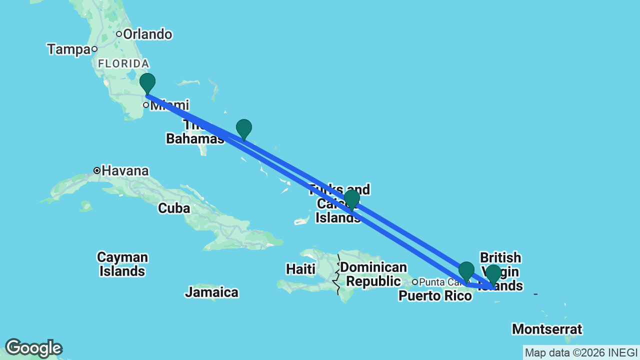 Route map: Fort Lauderdale -> Grand Turk -> San Juan -> St. Thomas -> Half Moon Cay -> Fort Lauderdale