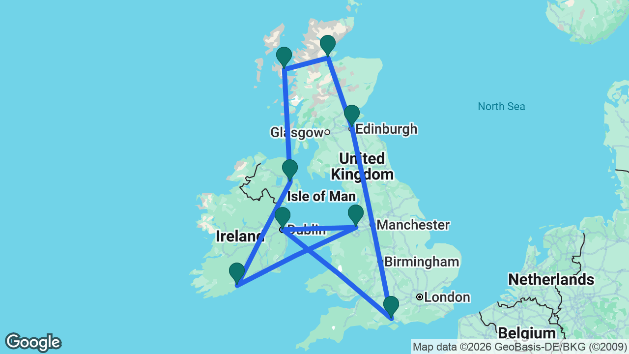 Route map: Southampton -> Edinburgh -> Invergordon -> Isle of Skye -> Belfast -> Cork -> Liverpool -> Dublin -> Southampton