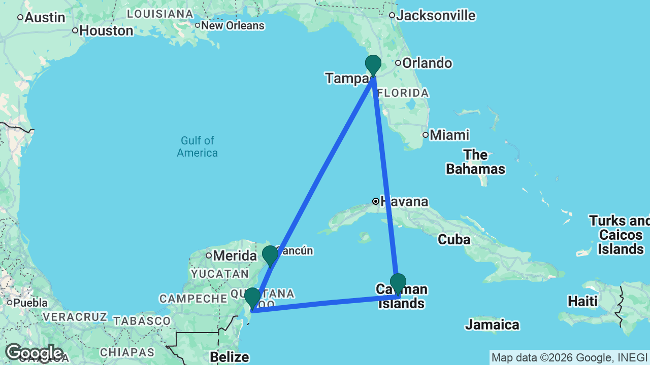 Route map: Tampa -> Cozumel -> Costa Maya -> Grand Cayman -> Tampa