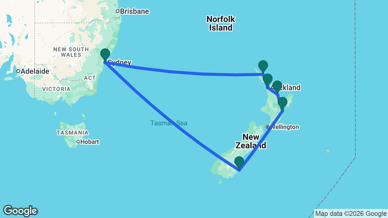 Route map: Sydney -> Dunedin -> Napier -> Tauranga -> Auckland -> Bay of Islands -> Sydney