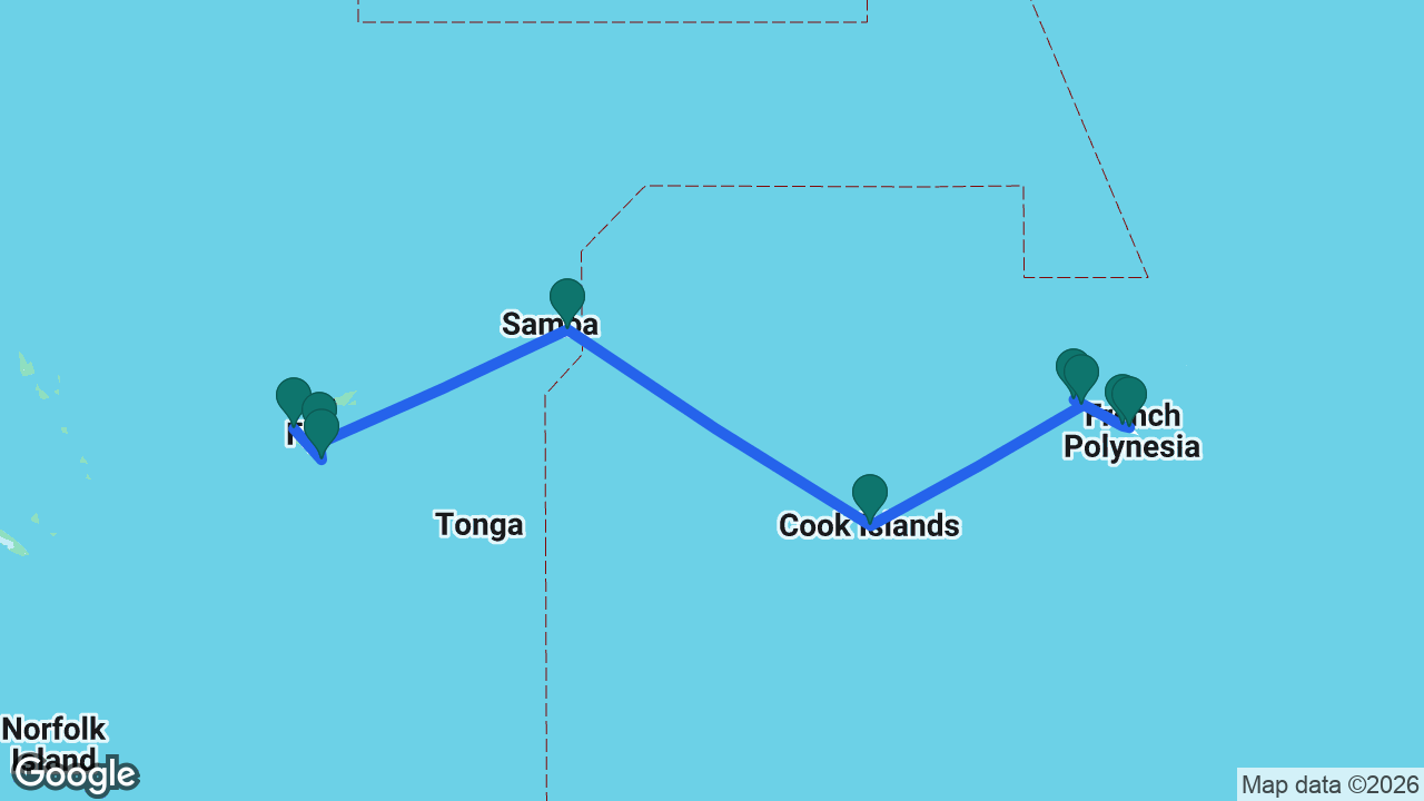 Route map: Lautoka -> Dravuni Island -> Fiji -> Apia -> Cook Islands -> Raiatea -> Bora Bora -> Moorea -> Tahiti
