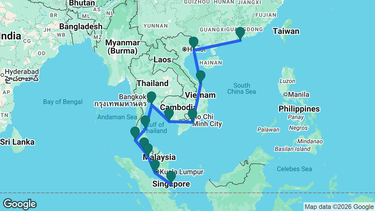 Route map: Singapore -> Kuala Lumpur -> Penang -> Langkawi -> Phuket -> Koh Samui -> Bangkok -> Sihanoukville -> Ho Chi Minh City -> Da Nang -> Ha Long Bay -> Hong Kong