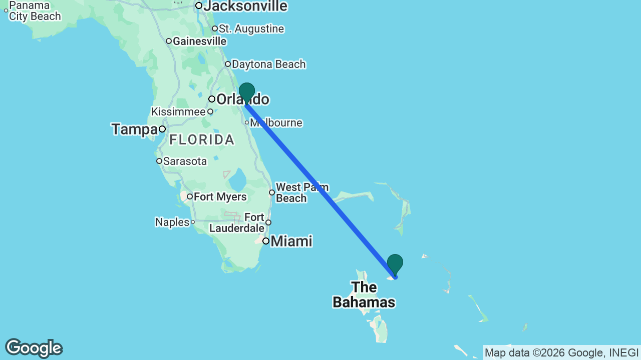 Route map: Port Canaveral -> Nassau -> Port Canaveral