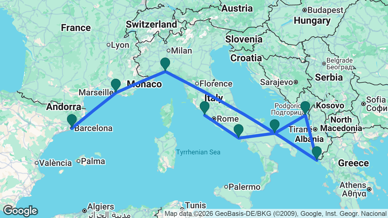 Route map: Barcelona -> Marseille -> Genoa -> Corfu -> Bar -> Bari -> Naples -> Rome