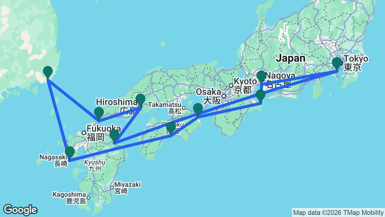Route map: Tokyo -> Nagoya -> Toba -> Tokushima -> Kochi -> Nagasaki -> Busan -> Kanmon Strait -> Hiroshima -> Beppu -> Tokyo