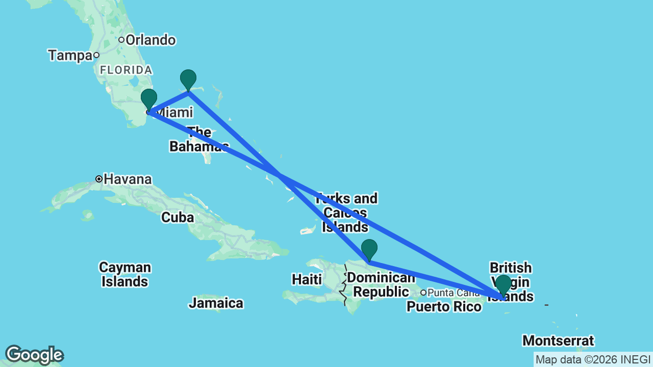 Route map: Miami -> St. Thomas -> Amber Cove -> Celebration Key -> Miami