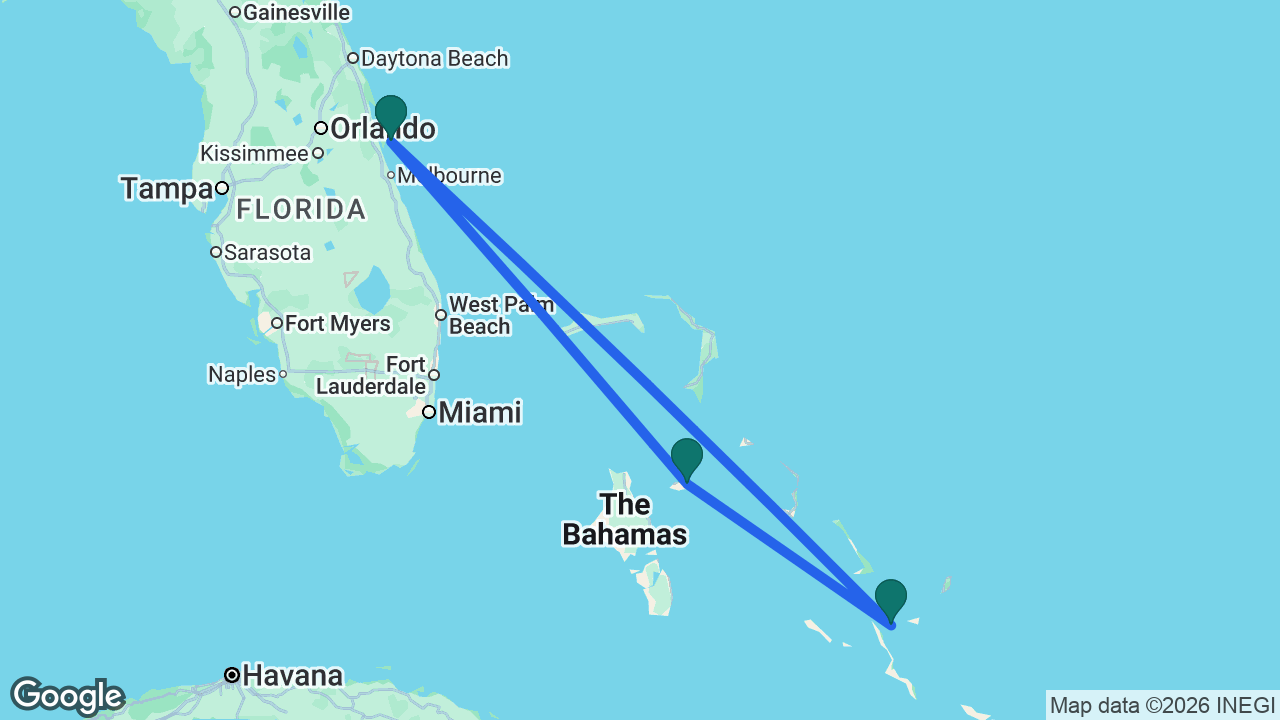 Route map: Port Canaveral -> Nassau -> Lookout Cay -> Port Canaveral