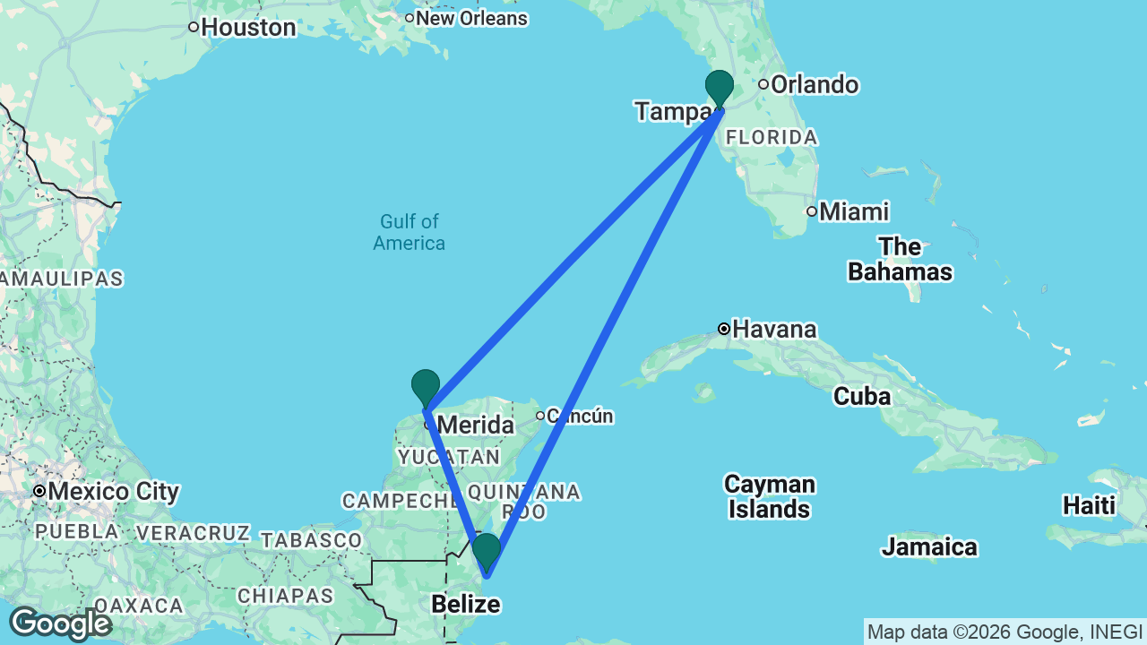 Route map: Tampa -> Belize City -> Progreso -> Tampa