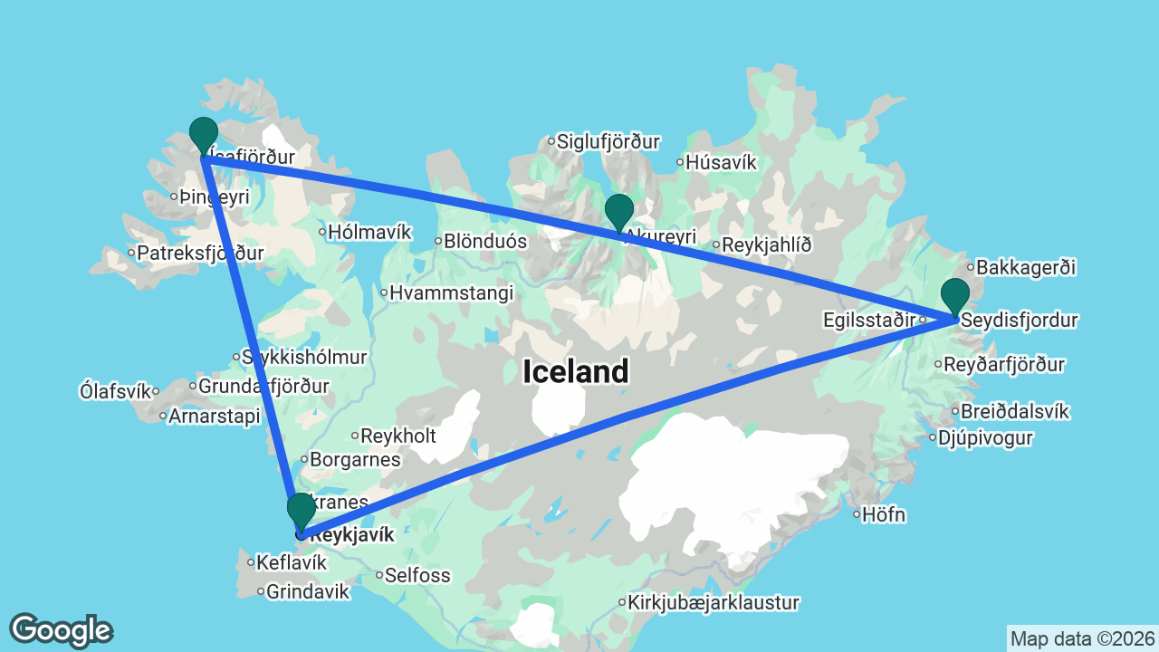 Route map: Reykjavik -> Seydisfjordur -> Akureyri -> Isafjordur -> Reykjavik