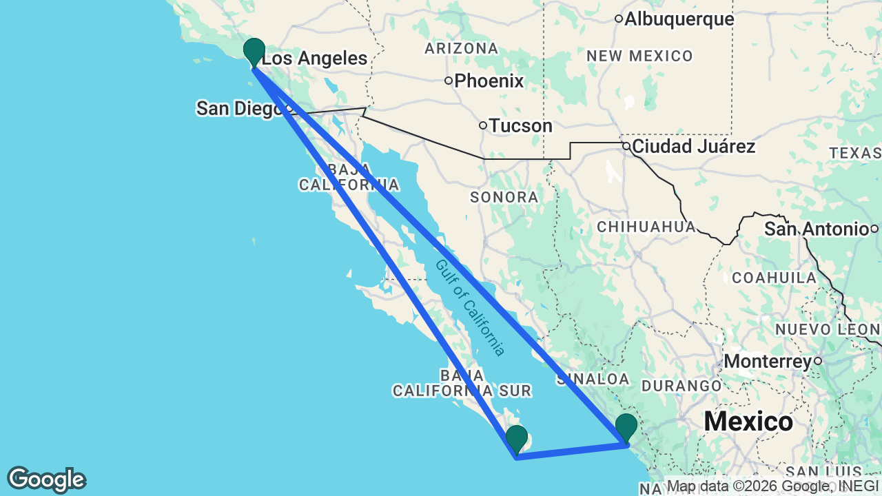 Route map: Los Angeles -> Mazatlán -> Cabo -> Los Angeles