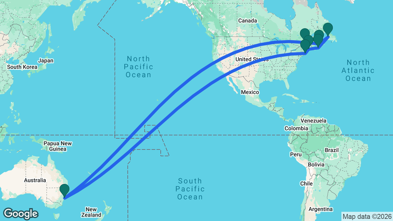 Route map: Boston -> Rockland -> Halifax -> Corner Brook -> Charlottetown -> Québec City -> Sydney -> Boston