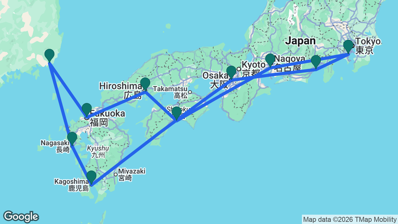 Route map: Tokyo -> Mount Fuji -> Osaka -> Kagoshima -> Nagasaki -> Busan -> Fukuoka -> Hiroshima -> Kochi -> Nagoya -> Tokyo