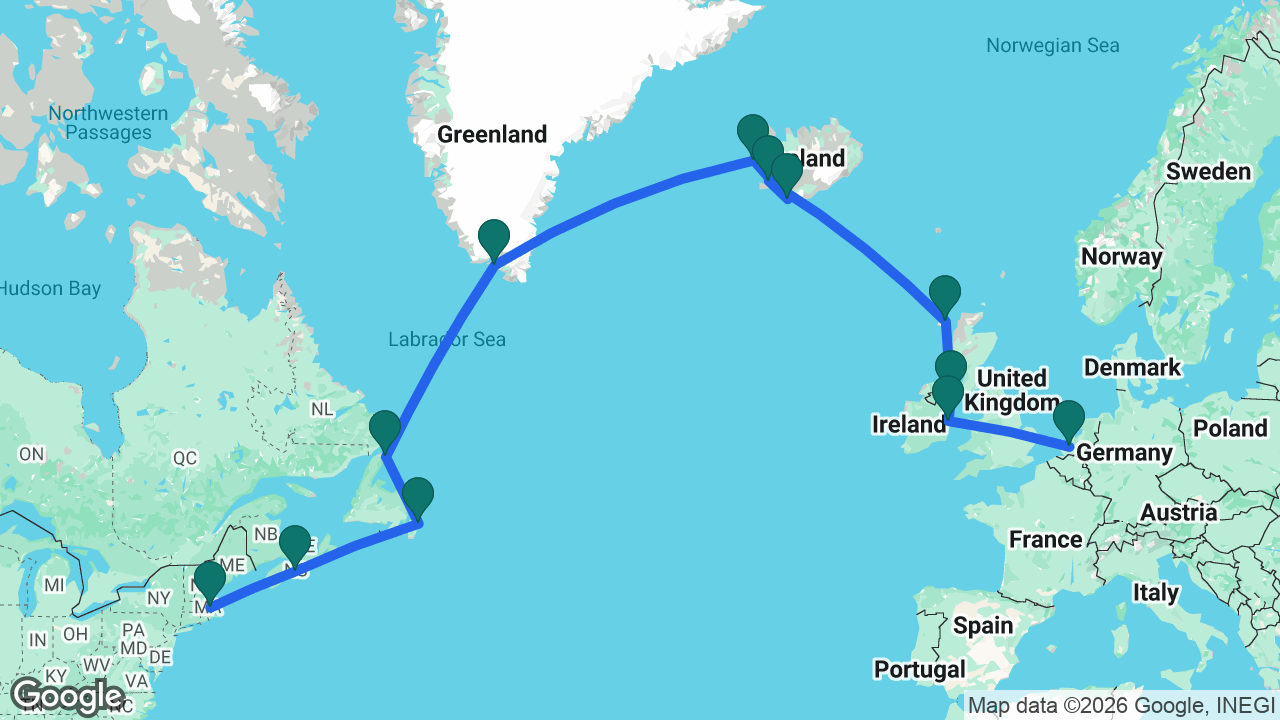 Route map: Rotterdam -> Dún Laoghaire -> Belfast -> Stornoway -> Reykjavik -> Heimaey -> Grundarfjordur -> Qaqortoq -> St. Anthony -> St. John's -> Halifax -> Boston