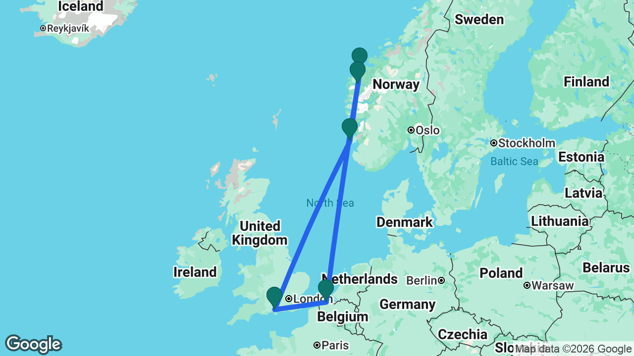 Route map: Southampton -> Haugesund -> Ålesund -> Nordfjordeid -> Bruges -> Southampton
