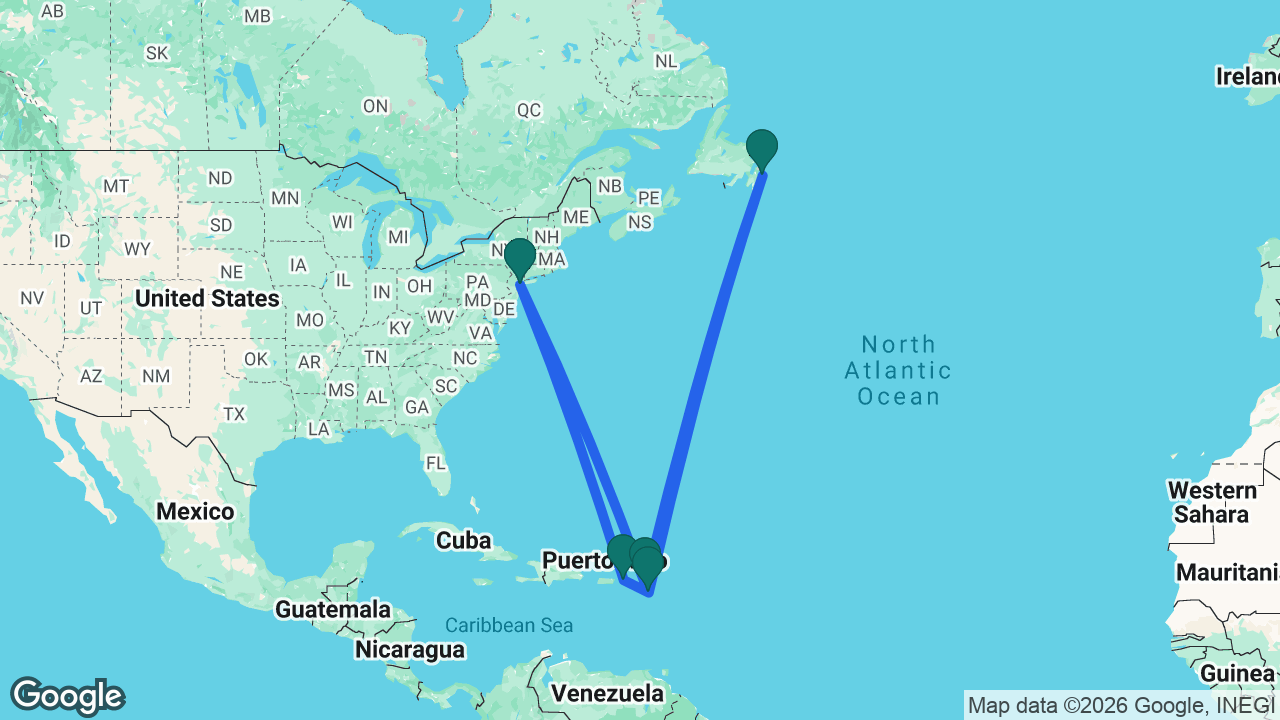 Route map: New York -> St. Maarten -> St. John's -> St. Kitts -> St. Thomas -> New York