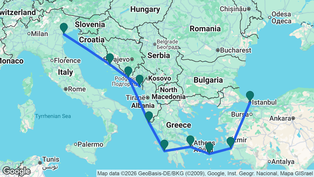 Route map: Istanbul -> Ephesus -> Mykonos -> Athens -> Katakolon -> Corfu -> Dubrovnik -> Bar -> Split -> Venice