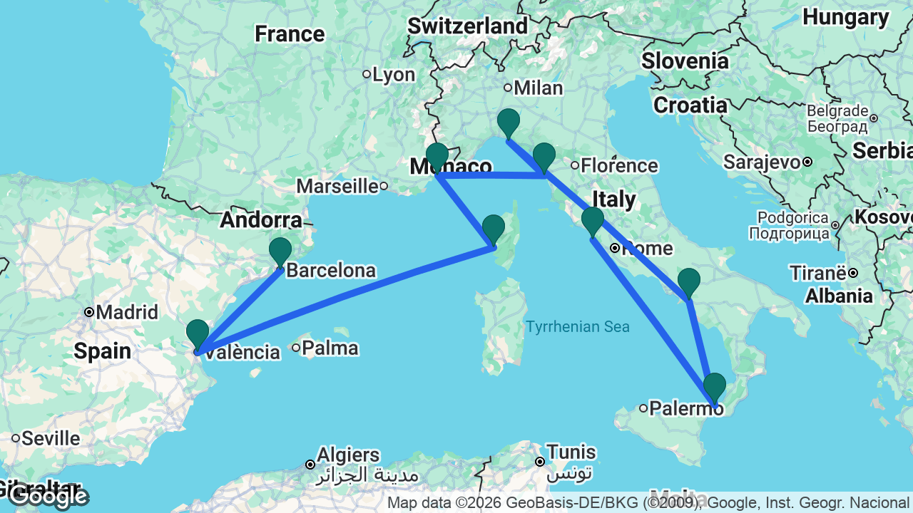 Route map: Barcelona -> Valencia -> Ajaccio -> Cannes -> Florence -> Portofino -> Amalfi Coast -> Messina -> Rome