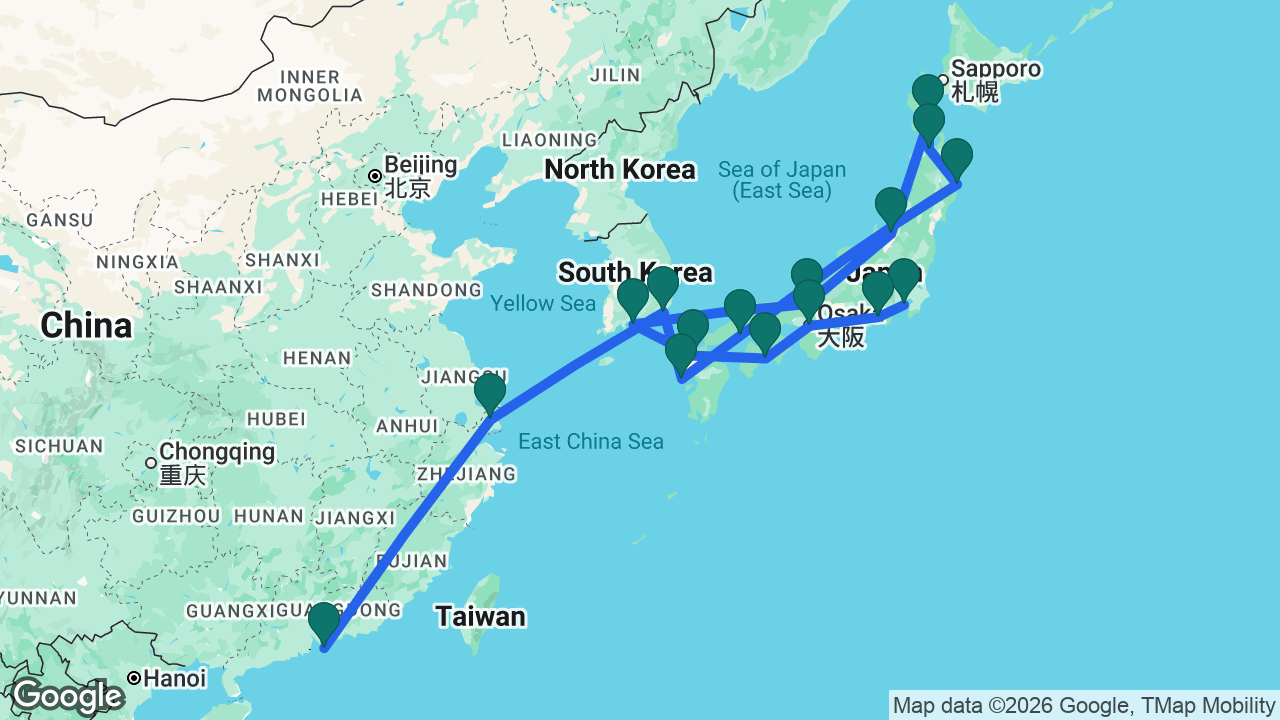 Route map: Tokyo -> Mount Fuji -> Osaka -> Kochi -> Fukuoka -> Yeosu -> Maizuru -> Niigata -> Hakodate -> Aomori -> Miyako -> Hiroshima -> Nagasaki -> Busan -> Shanghai -> Hong Kong