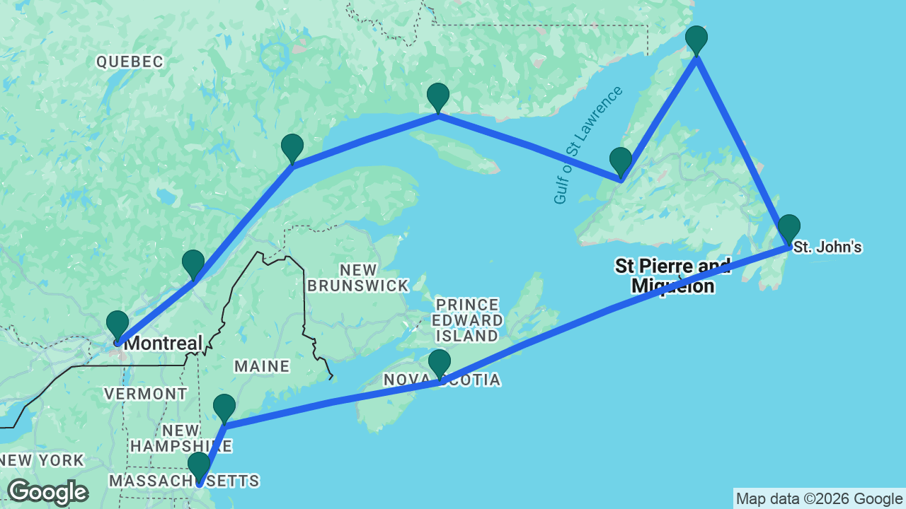 Route map: Montreal -> Québec City -> Baie-Comeau -> Havre-Saint-Pierre -> Corner Brook -> St. Anthony -> St. John's -> Halifax -> Portland -> Boston