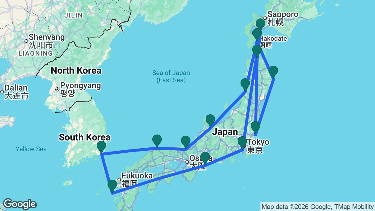 Route map: Tokyo -> Toba -> Nagasaki -> Busan -> Sakaiminato -> Maizuru -> Toyama -> Sakata -> Hakodate -> Miyako -> Hitachinaka -> Aomori -> Muroran -> Tokyo