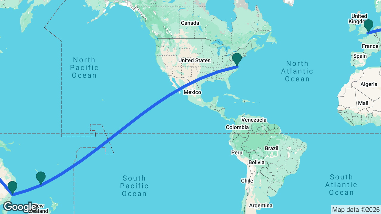 Route map: Norfolk -> Norfolk Island -> Sydney -> Dover