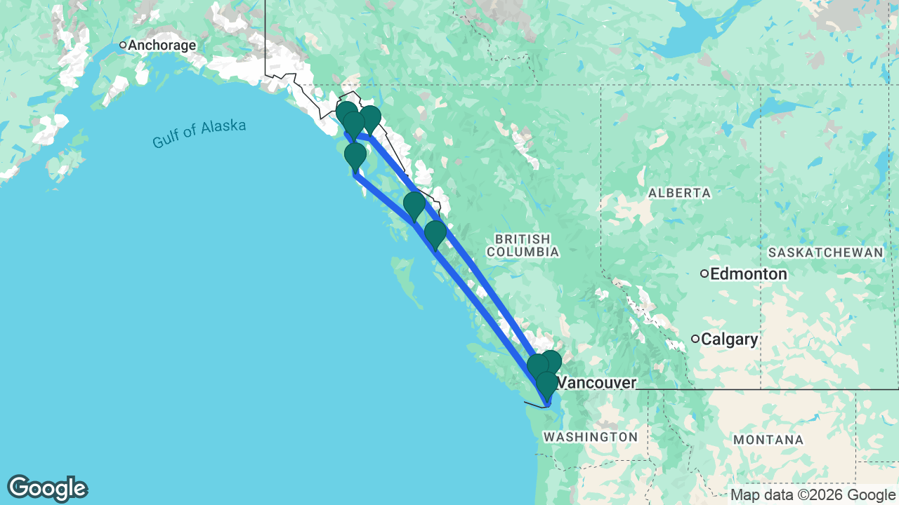 Route map: Vancouver -> Juneau -> Glacier Bay -> Icy Strait Point -> Sitka -> Ketchikan -> Prince Rupert -> Nanaimo -> Victoria -> Vancouver
