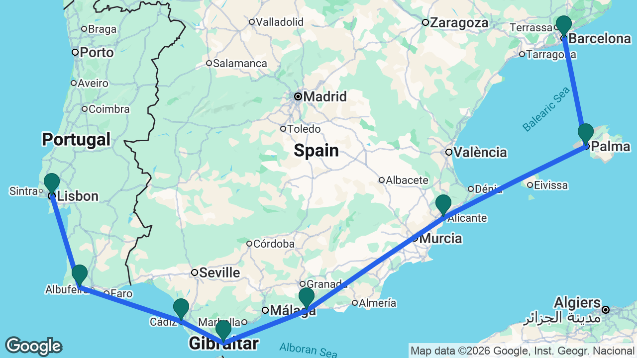 Route map: Barcelona -> Mallorca -> Alicante -> Motril -> Gibraltar -> Cádiz -> Portimão -> Lisbon