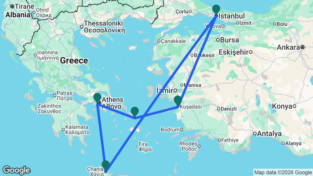 Route map: Athens -> Mykonos -> Ephesus -> Istanbul -> Chania -> Athens
